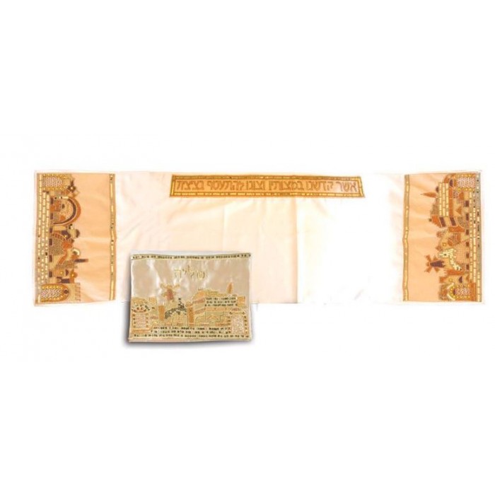 Tallit Bag Set with Jerusalem and Hebrew Text
