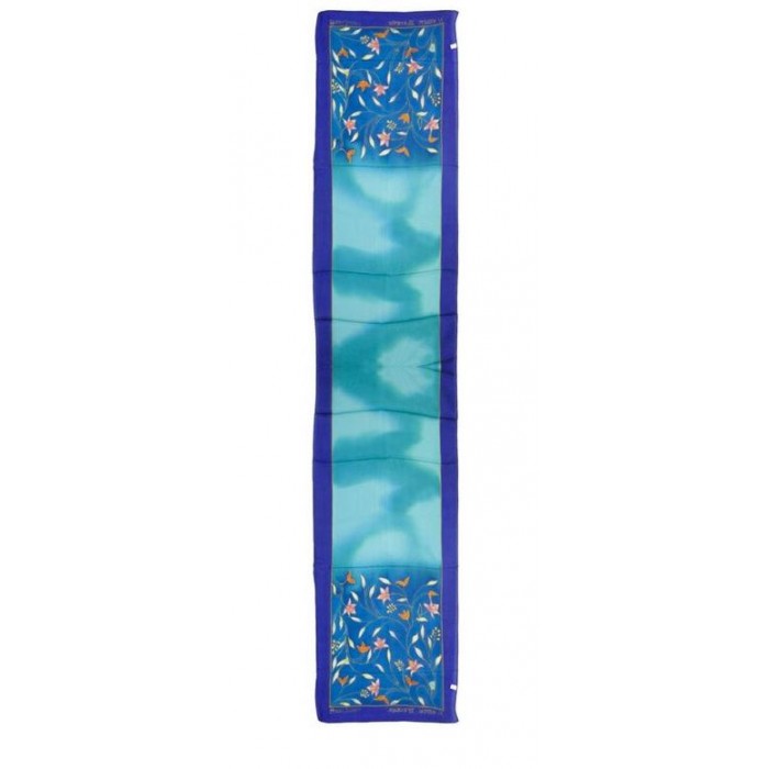 Blue Silk Scarf with Traditional Floral Pattern and Two Tone Background