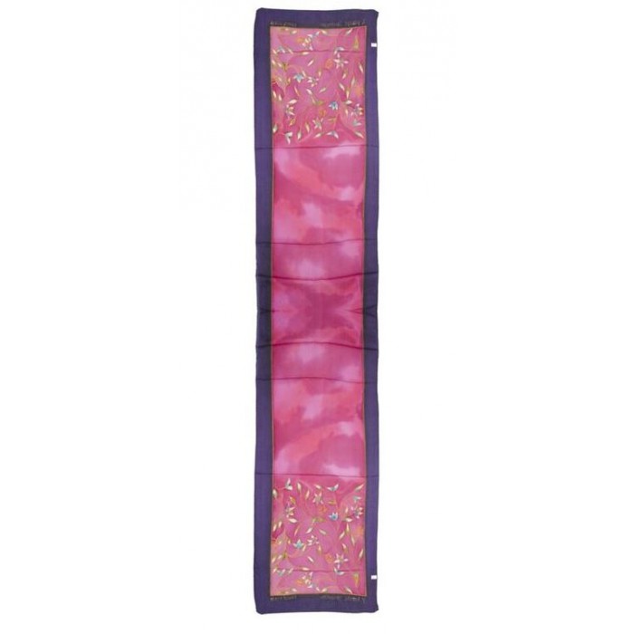 Purple and Pink Silk Scarf with Floral Pattern and Gold Lines