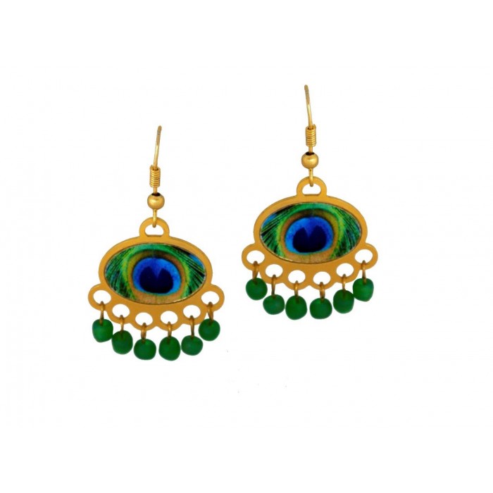 Oval-Shaped Earrings with Peacock Pattern & Green Beadwork