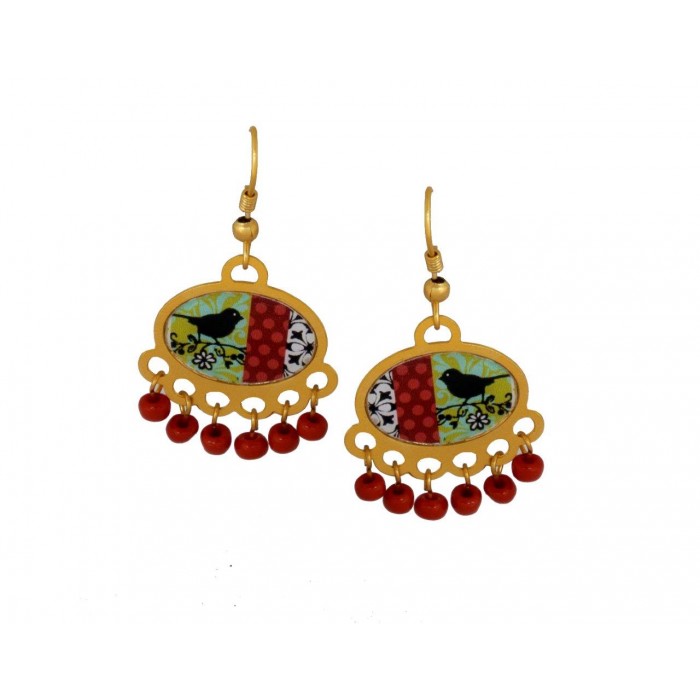 Oval Shaped Earrings with Bird Pattern and Red Beadwork