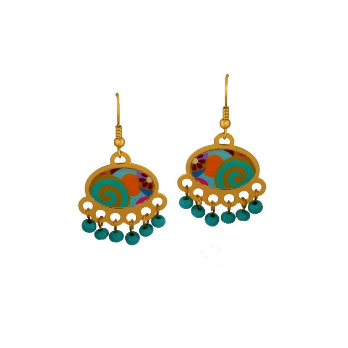 Oval Shaped Earrings with Sixties Pattern and Beadwork