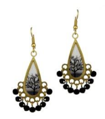 Teardrop-Shaped Earrings with Tree Pattern and Black Beadwork