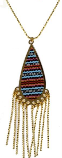 Necklace with Teardrop-Shaped Pendant with Chevron Lines and Gold Fringes