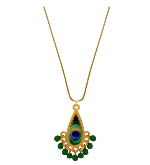 Necklace with Tear-Shaped Pendant and Peacock Pattern and Green Beadwork