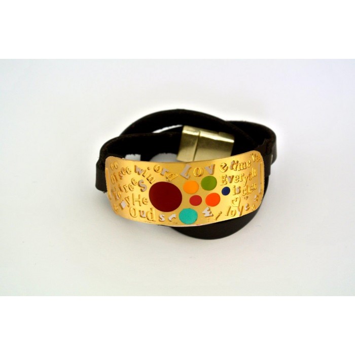 Leather Bracelet with Partial Gold Cuff, John Lennon ‘Love’ Lyrics and Warm Red Dots
