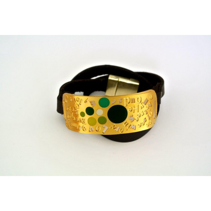 Leather Bracelet with Partial Gold Cuff, John Lennon ‘Love’ Lyrics and Green Dots