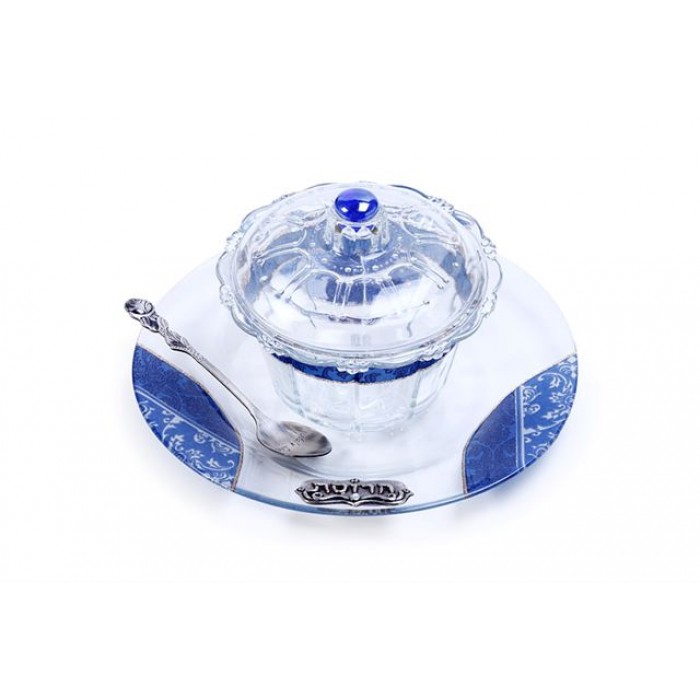 Glass Charoset Dish with Spoon, Tray, Lid and Blue Floral Pattern