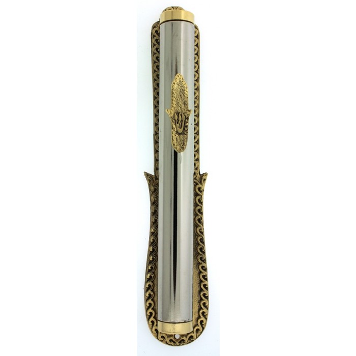 Silver Mezuzah with Gold-Colored Large and Small Hamsas and Hebrew Letter Shin