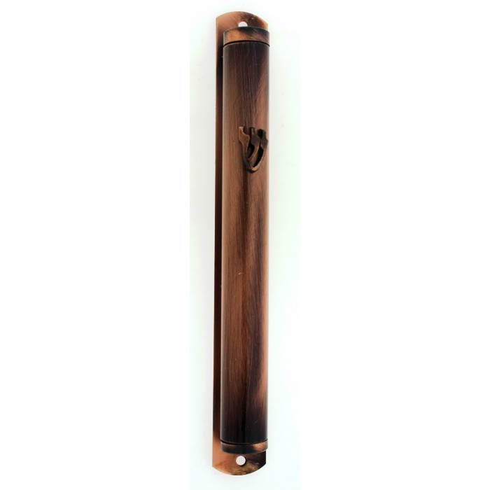 Copper Mezuzah with Hebrew Letter Shin in Traditional Font and Brushed Pattern