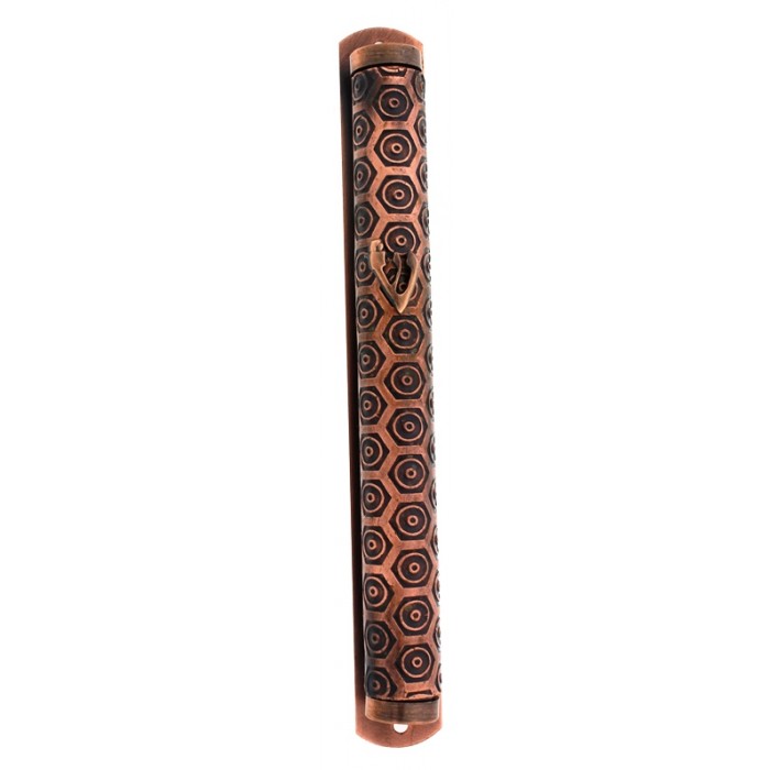 Copper Mezuzah with Hebrew Letter Shin and Hexagonal-Concentric Circle Pattern