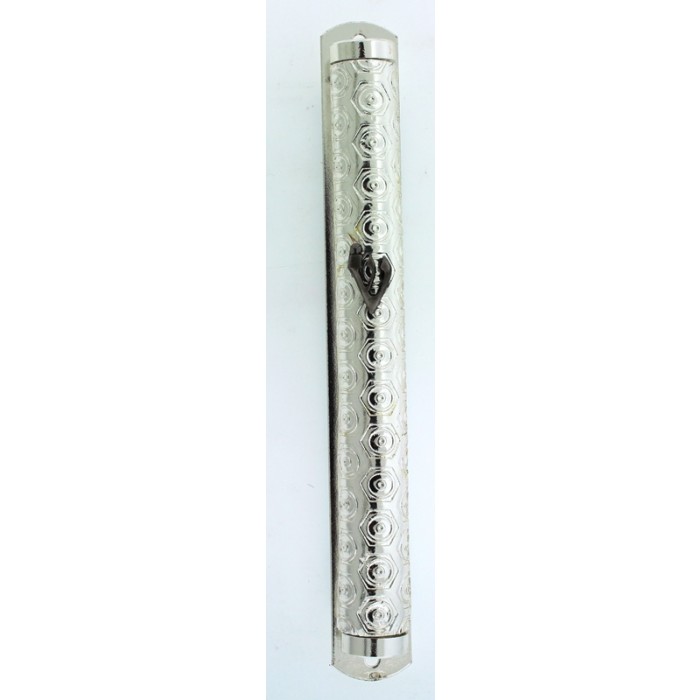 Silver Colored Mezuzah with Hebrew Letter Shin and Hexagonal Pattern