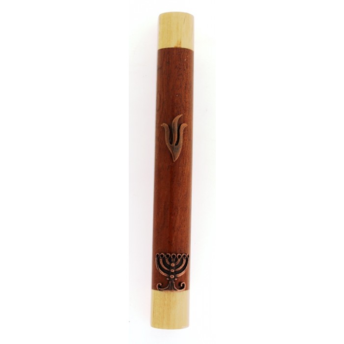 Two Tone Mezuzah with Contemporary Style Copper Hebrew Letter Shin and Menorah