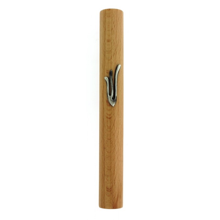 Light Brown Wood Mezuzah with Contemporary Hebrew Letter Shin in Pewter