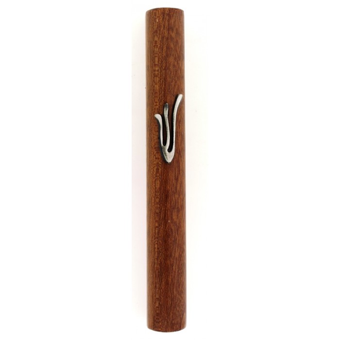 Simple Brown Wood Mezuzah with Pewter Hebrew Letter Shin Ornament