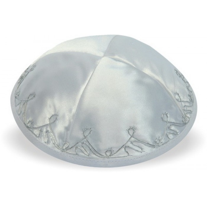 White Satin Kippah with Four Sections and Silver Scrolling Lines