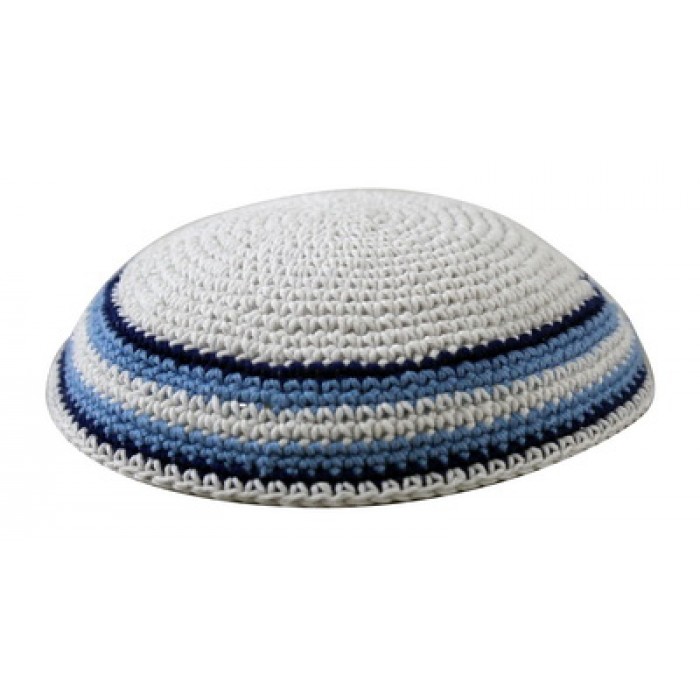White Knitted Kippah with Sky Blue and Jet Black Stripes
