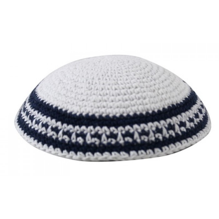 White Knitted Kippah with Thin Dark Blue Dotted Line and Thick Stripes