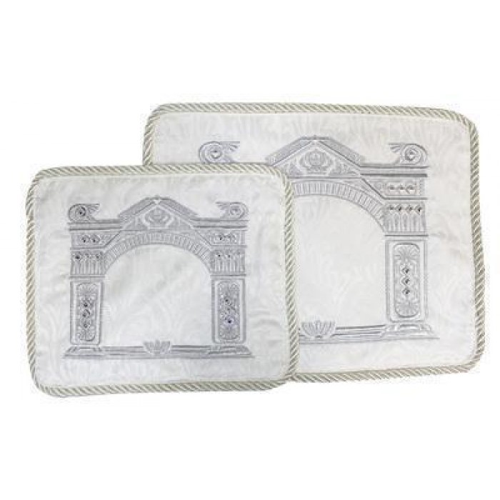 White Velvet Tallit Bag Set with Silver Vienna Gate and Hebrew Text
