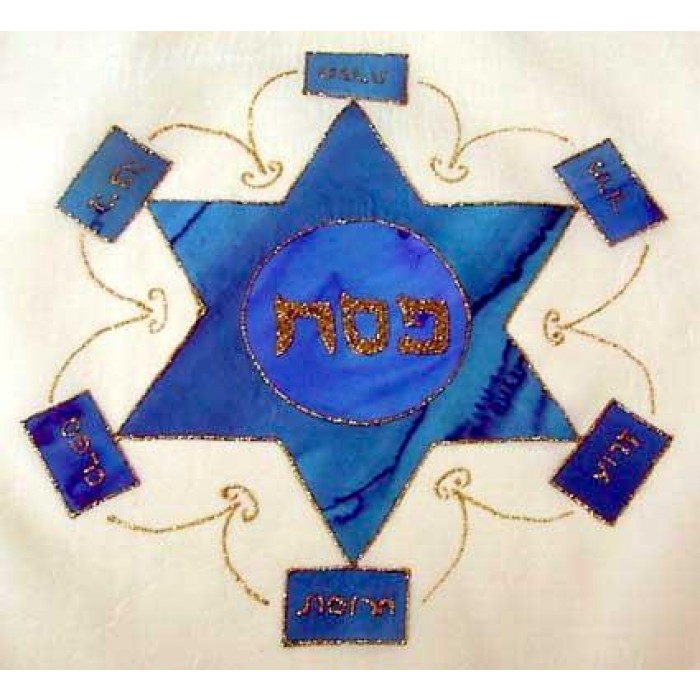 Matzah Cover with Blue Seder Plate Design by Galilee Silks