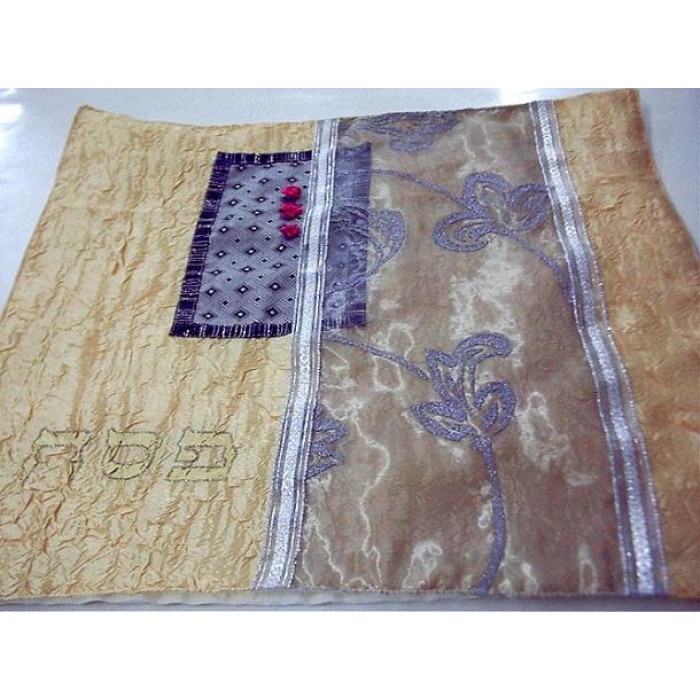 Gold and Purple Matzah Cover with Floral Organza by Galilee Silks