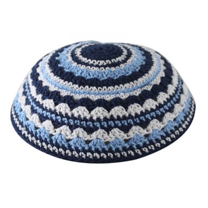 Dark Blue Knitted Kippah with Light Blue and White Stripes