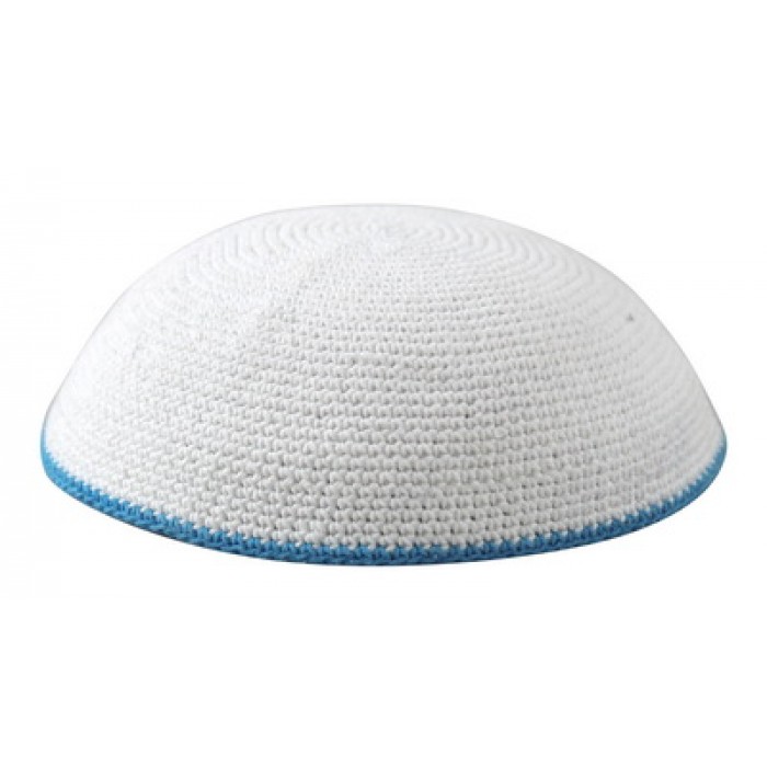 White Knitted Kippah with Thin Turquoise Striped Bottom Edge