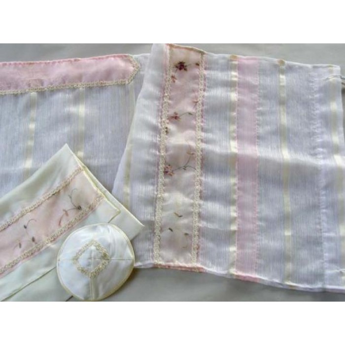 White Women’s Tallit with pink and Off-White Stripes by Galilee Silks