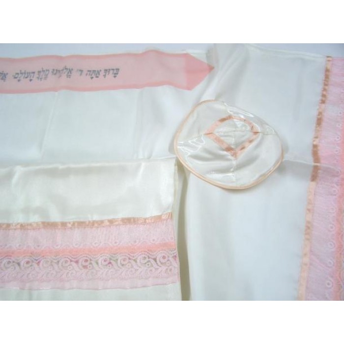 White Women’s Tallit with Pink Lace by Galilee Silks