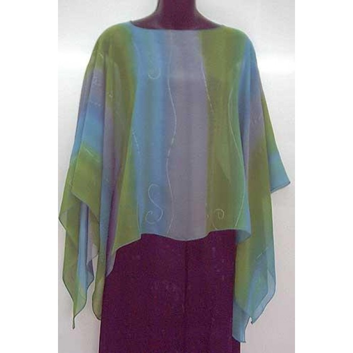 Silk Poncho with Green, Blue & Gray Vertical Stripes by Galilee Silks