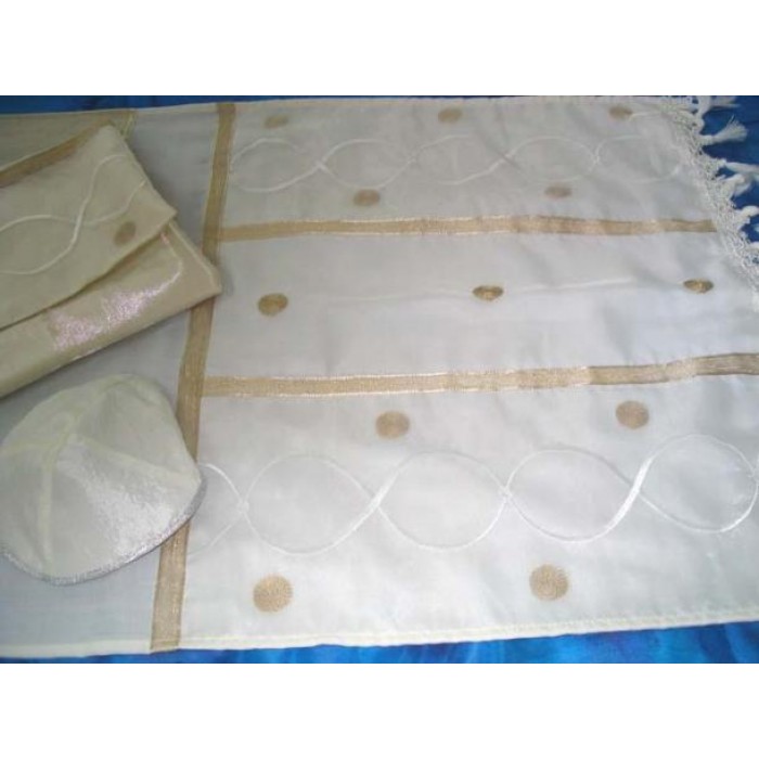 Women’s Tallit with Wavy Pattern, Gold Ribbon and Dots by Galilee Silks