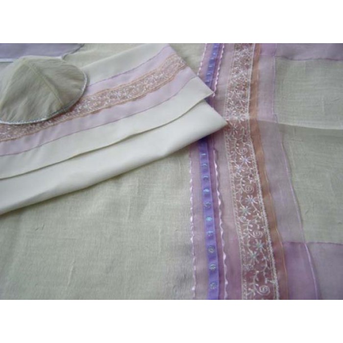 Women’s Tallit with Pink and Purple Lace by Galilee Silks