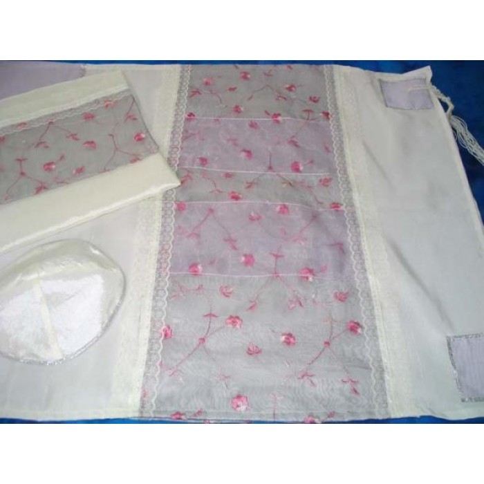 White Women’s Tallit with Swirling Pink Flowers and Lace by Galilee Silks