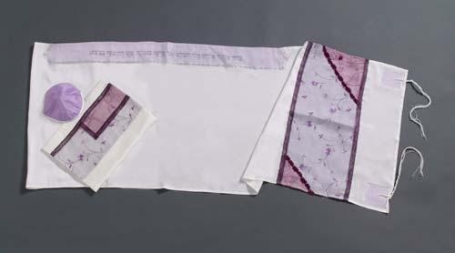 White Women’s Tallit with Lilac, Dusty Pink and Flowers by Galilee Silks