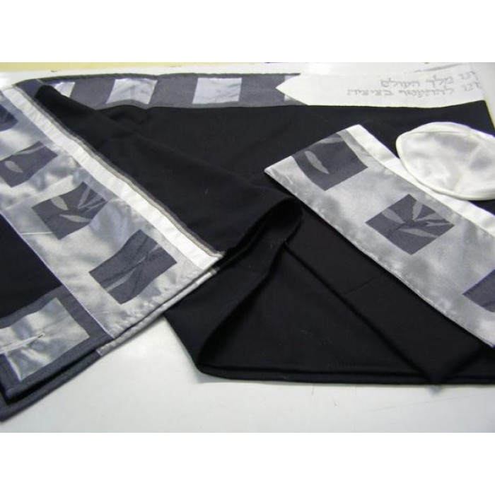 Wool Black Tallit with Silver and Gray Detailing by Galilee Silks