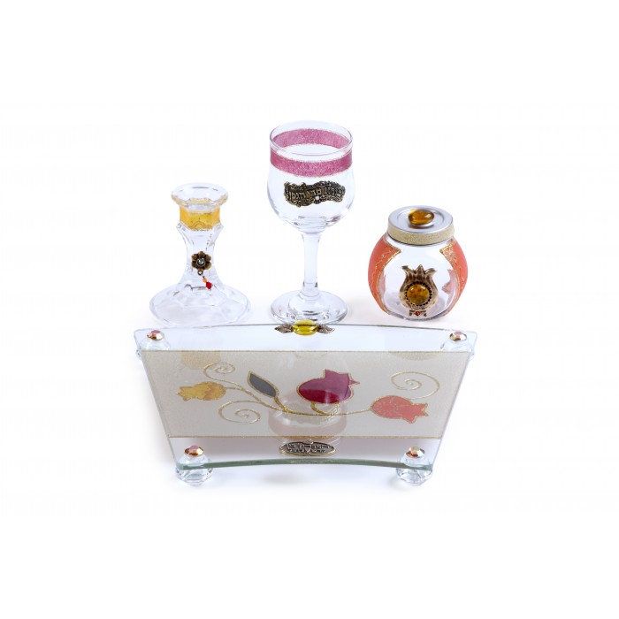 Glass Havdalah Set with Wide Tray and Pink, Yellow, Orange Pomegranates