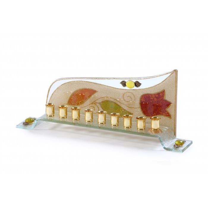 Wave Glass Hanukkah Menorah with Red Flower and Floral Pattern