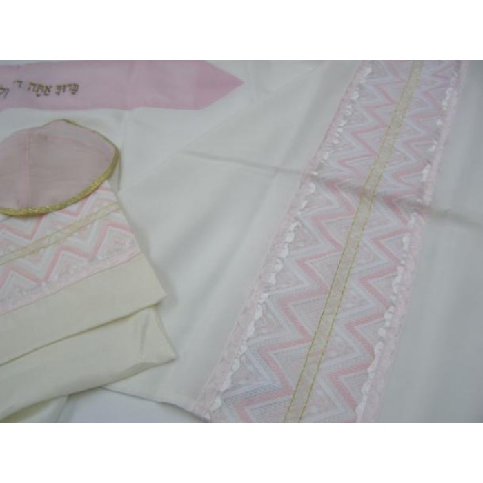 White Women’s Tallit with Pink Zigzag Pattern by Galilee Silks