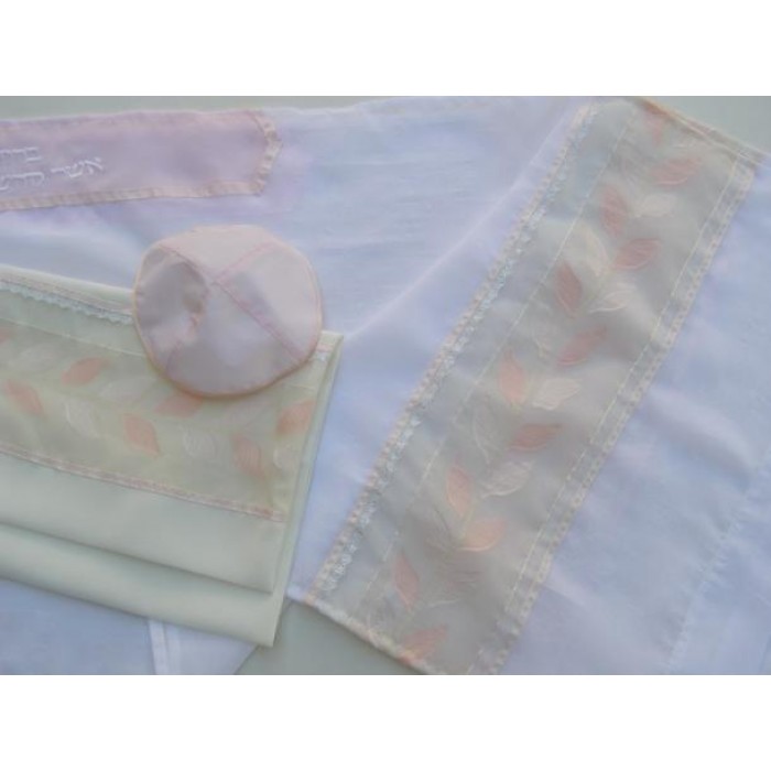 White Women’s Tallit with White & Pink Leaf Pattern by Galilee Silks