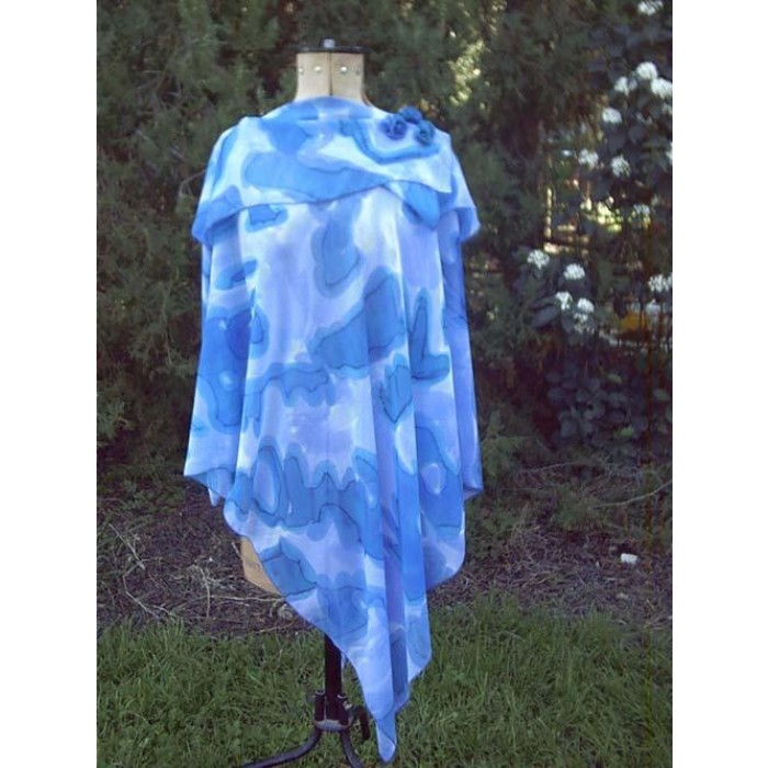 Blue Silk Poncho with Abstract Design by Galilee Silks