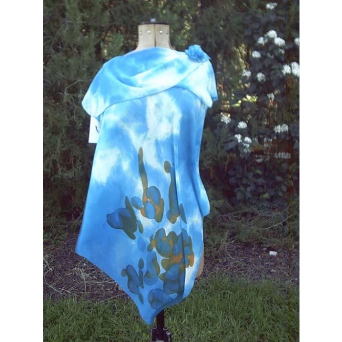 Light Blue Silk Poncho with Brown Flowers by Galilee Silks