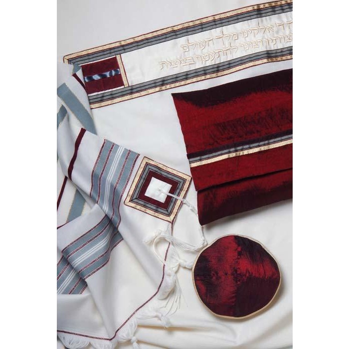 Classic Tallit with Red and Gray Accents by Galilee Silks