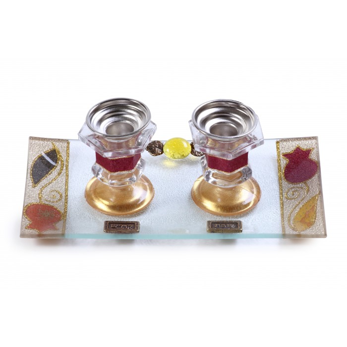 Glass Shabbat Candlesticks with Maroon, Pomegranates and Yellow Bead