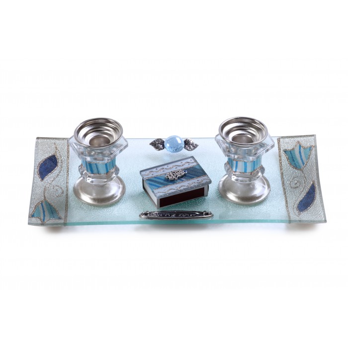 Glass Shabbat Candlestick Set with Blue Stripes, Flowers and Matchbox