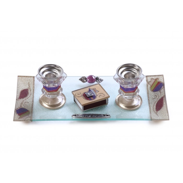 Glass Shabbat Candlestick Set with Multi-colored stripes, Pomegranates and Matchbox