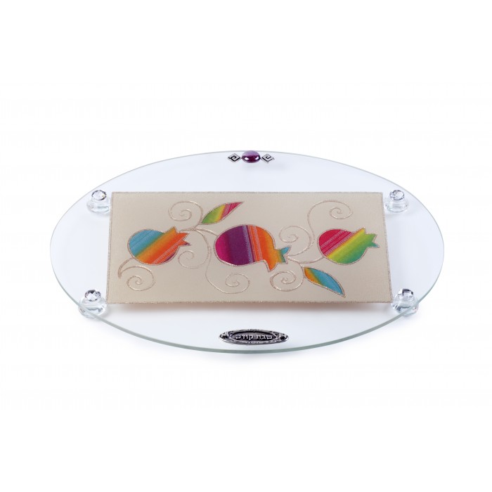 Glass Oval Challah Board for Shabbat with Rainbow Colored Pomegranates
