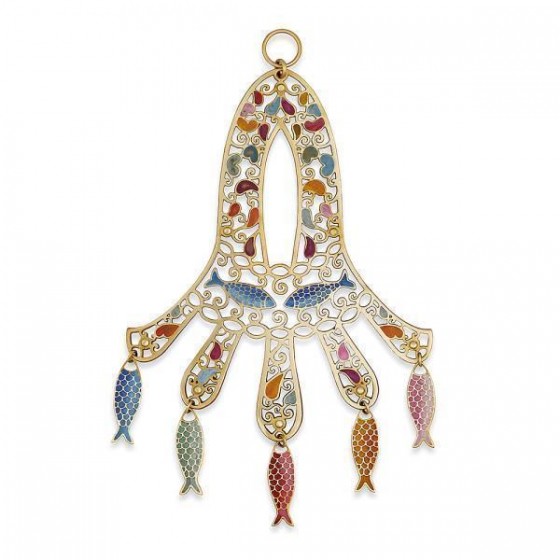 Brass Hamsa with Spread Fingers, Multicolored Hanging Fish and Floral Pattern