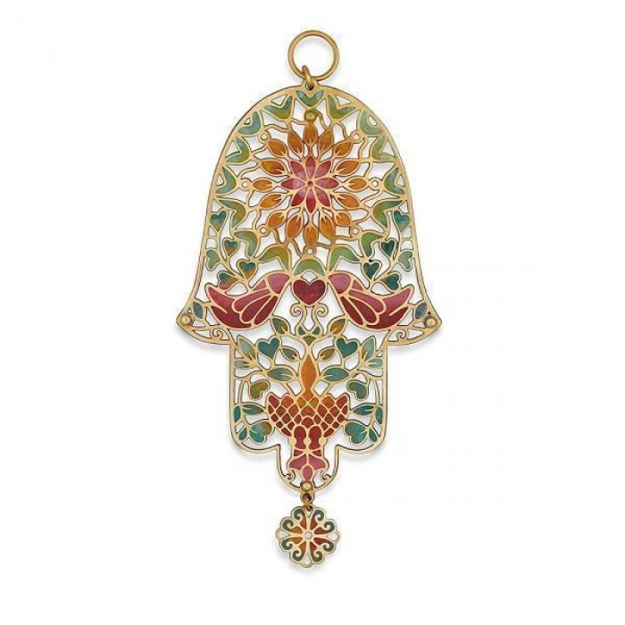 Brass Hamsa with Bordeaux Red Doves, Hearts, Flower and Geometric Shapes