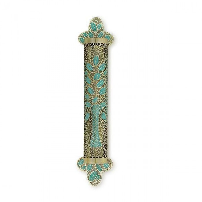 Brass Mezuzah with Tree of Life, Mosaic and Textured Surfaces in Patina