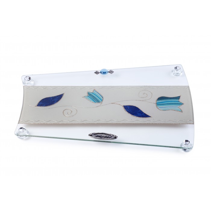 Glass Challah Board with Trapezoid Shape, Blue Striped Flowers and Hebrew Text